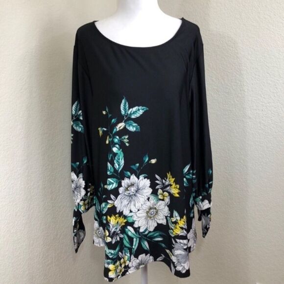 Always Indigo Plus Floral Design Tie Sleeve Top Size 1X NWT - Picture 2 of 8